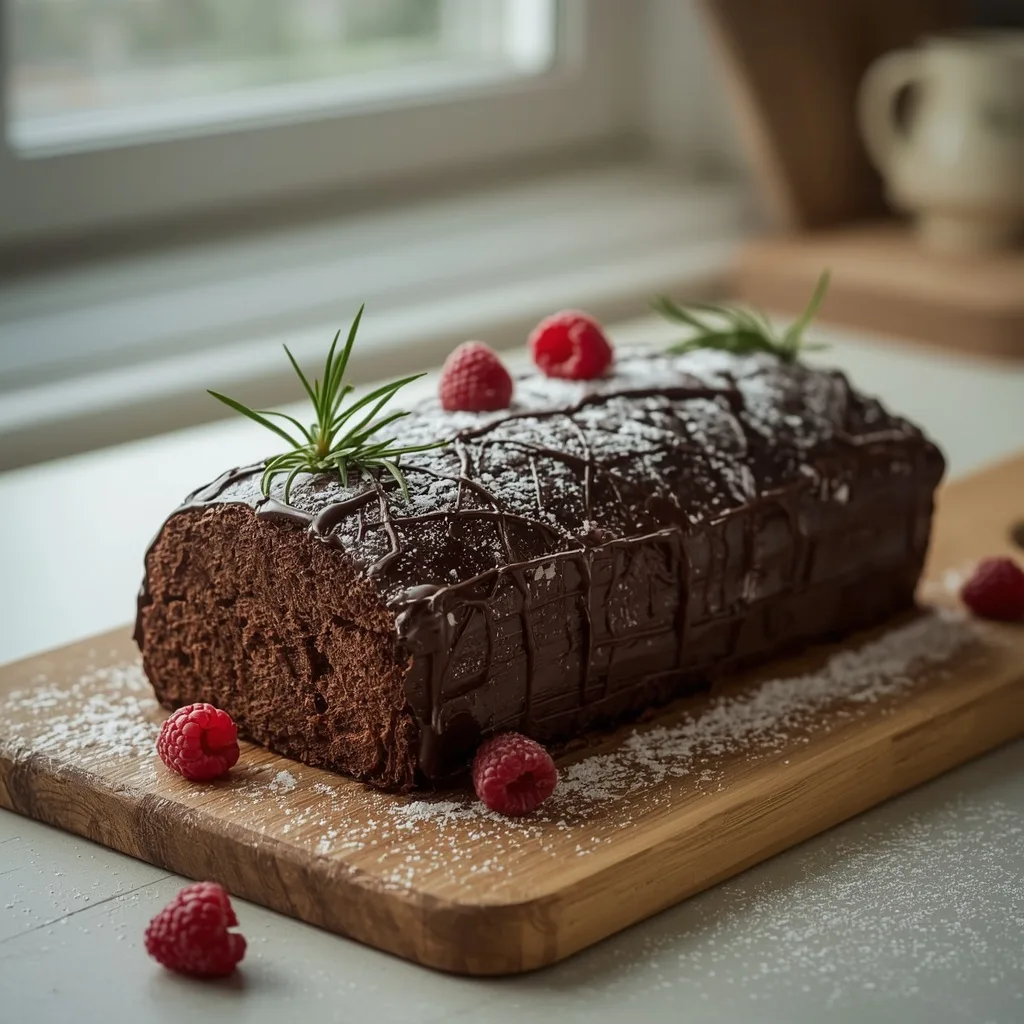 Chocolate yule log with bark-effect icing and raspberries