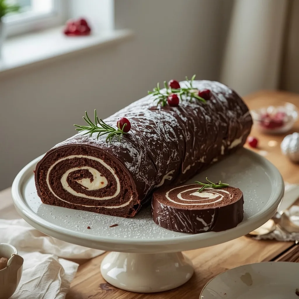 Chocolate Yule log dusted with icing sugar with one slice showing the cream swirl