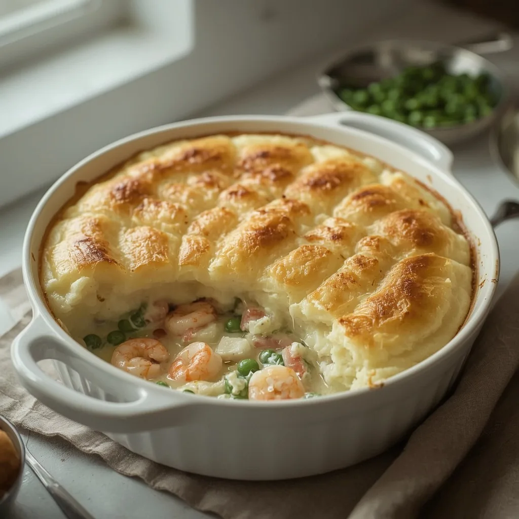 Fish pie with prawns and smoked haddock under golden mashed potato