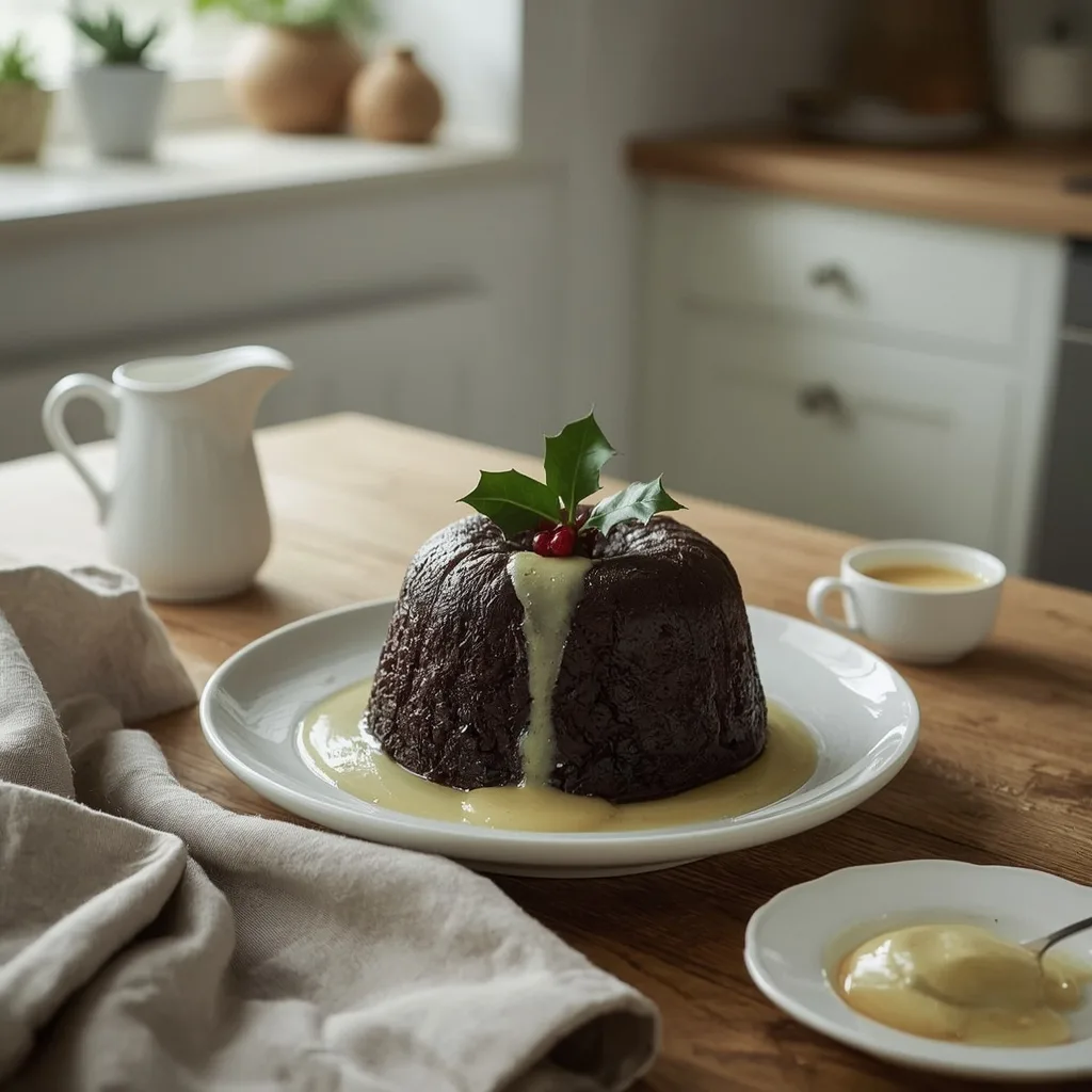 Steamed Christmas pudding with holly and custard poured over