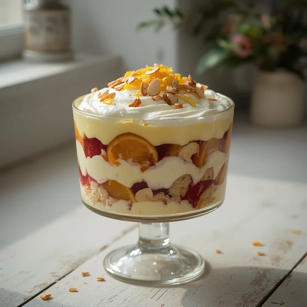 Christmas trifle with clementines, custard and cream in a glass bowl
