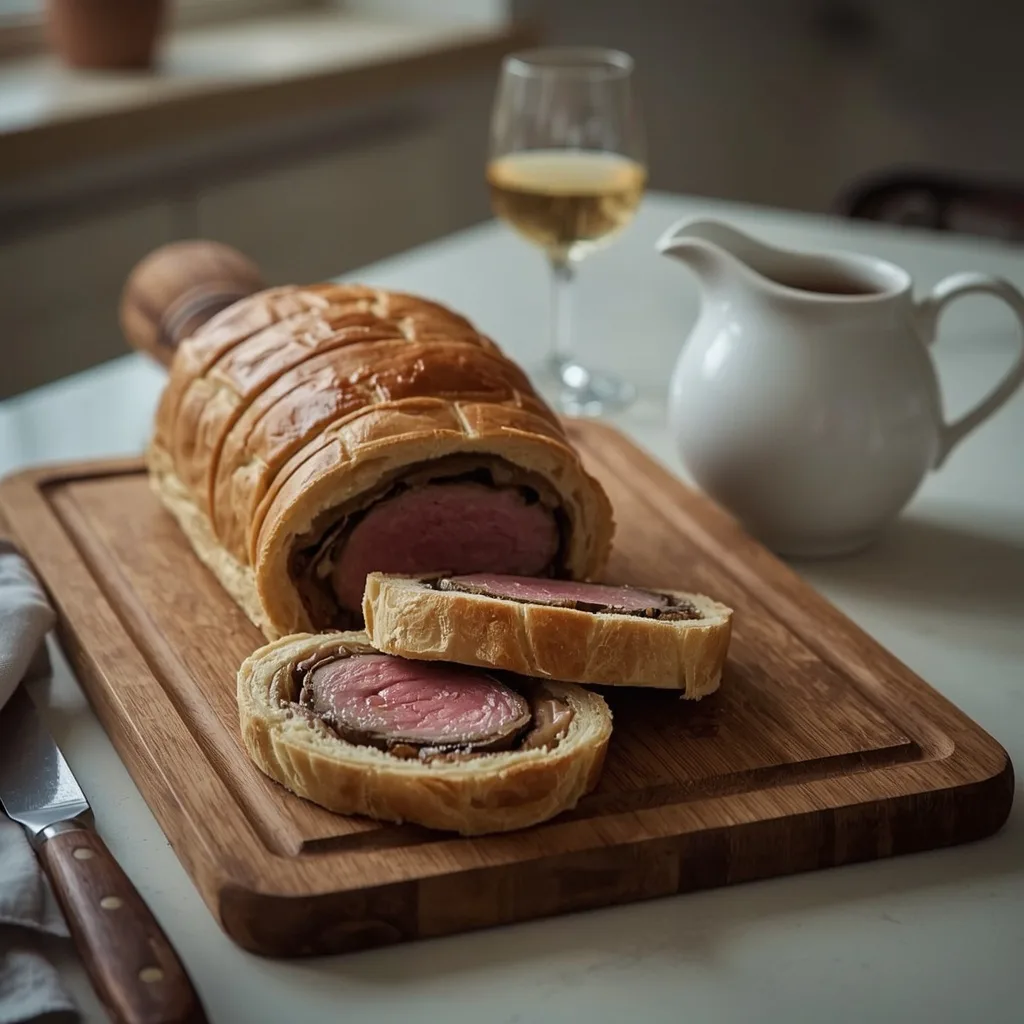 Classic beef Wellington sliced to show pink fillet and mushroom layer