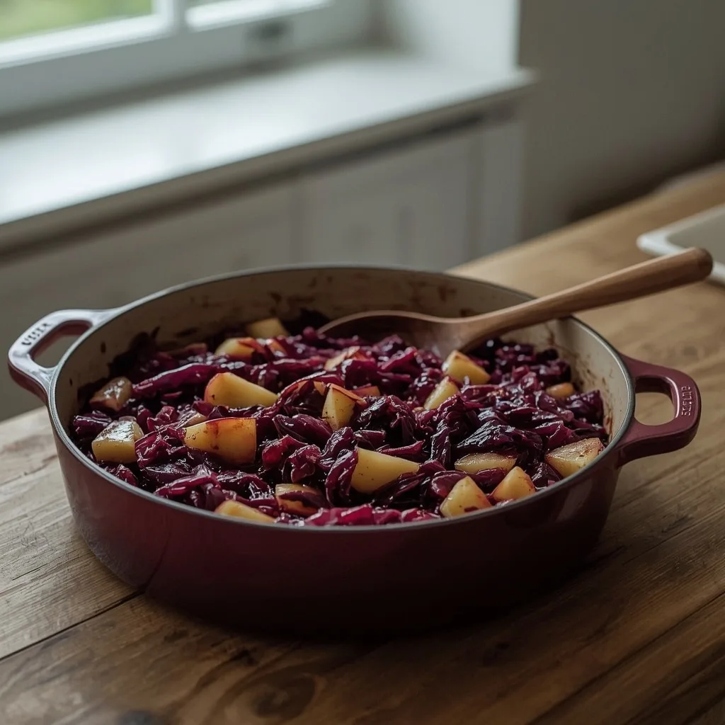 Classic braised red cabbage with apple in a casserole dish