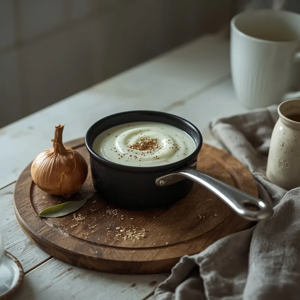 Classic bread sauce in a small saucepan with nutmeg and a clove-studded onion