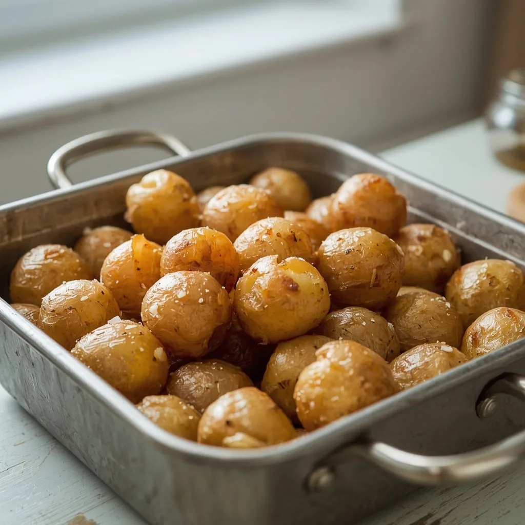 Classic crispy roast potatoes in a metal roasting tin