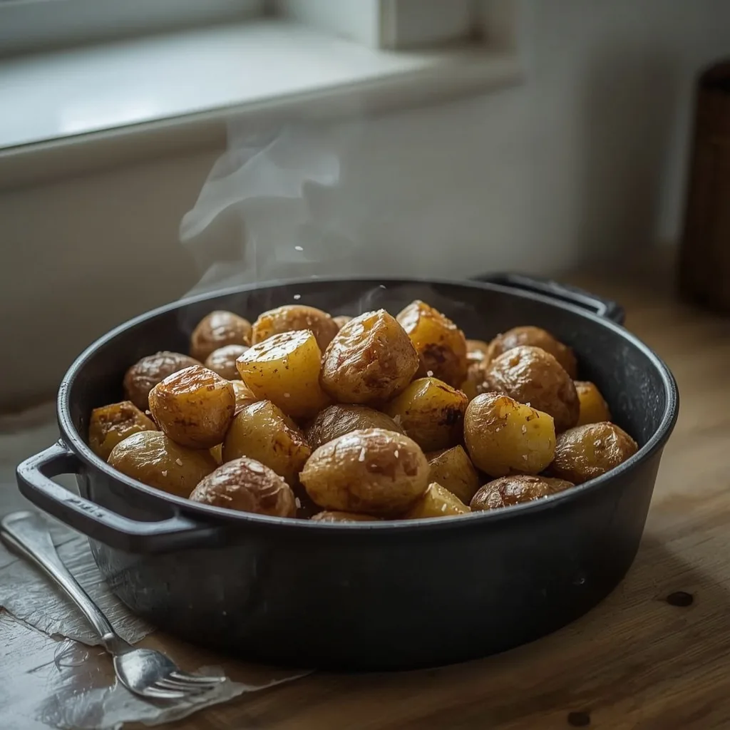 Classic goose fat roast potatoes with crunchy edges in a roasting tin