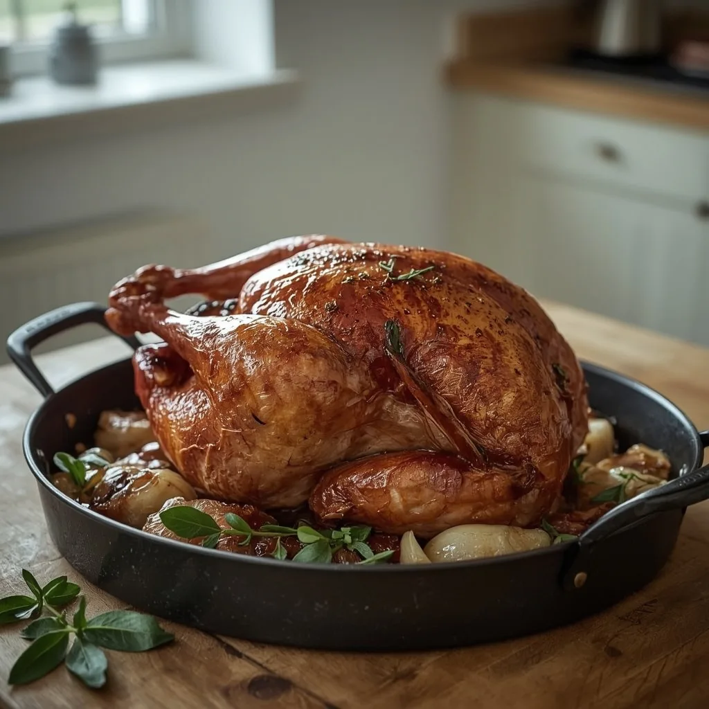 Classic roast turkey with sage and onion butter in a roasting tin
