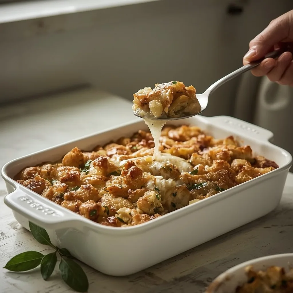 Classic sage and onion stuffing in a ceramic dish with a crisp top