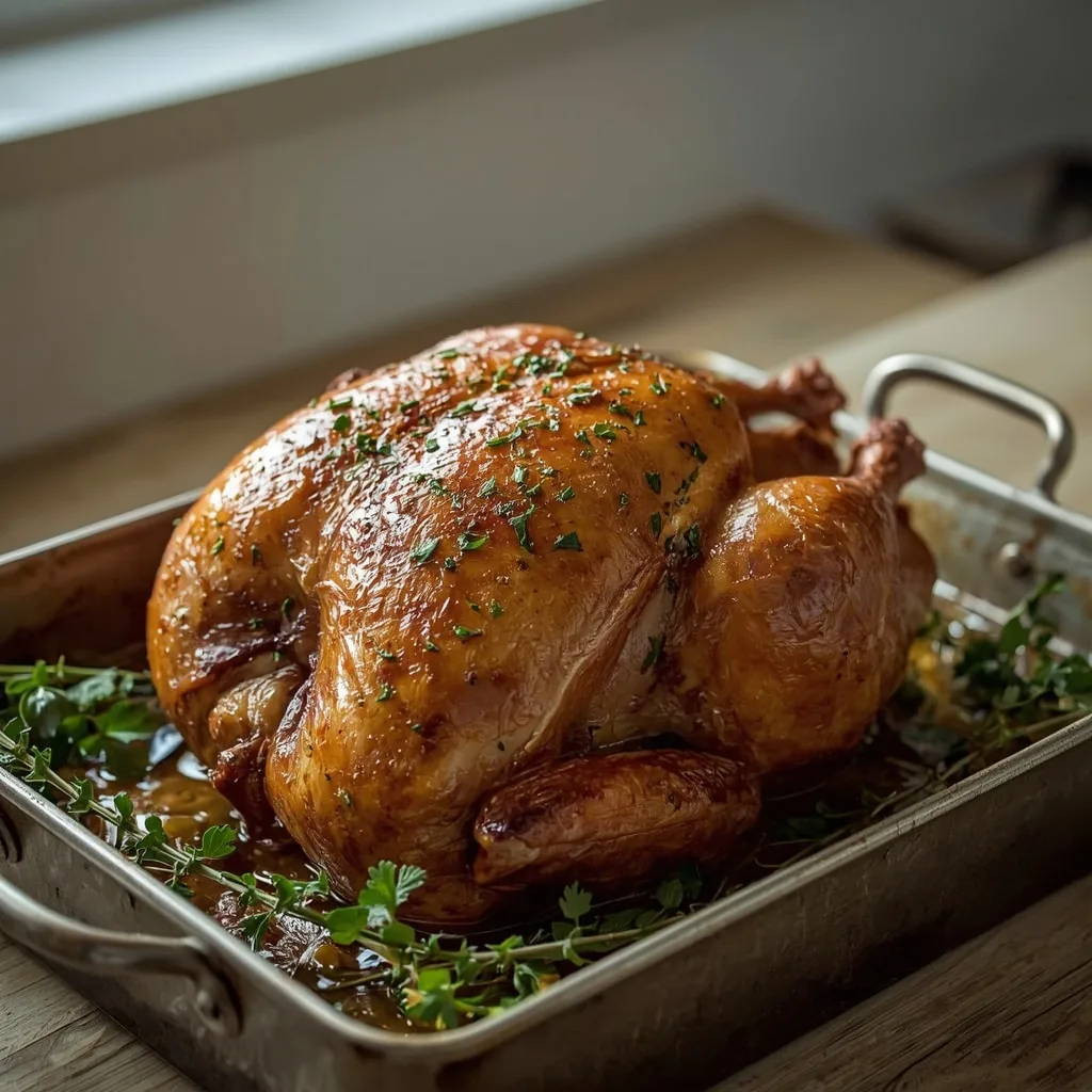Classic roast turkey crown with herb butter in a roasting tin