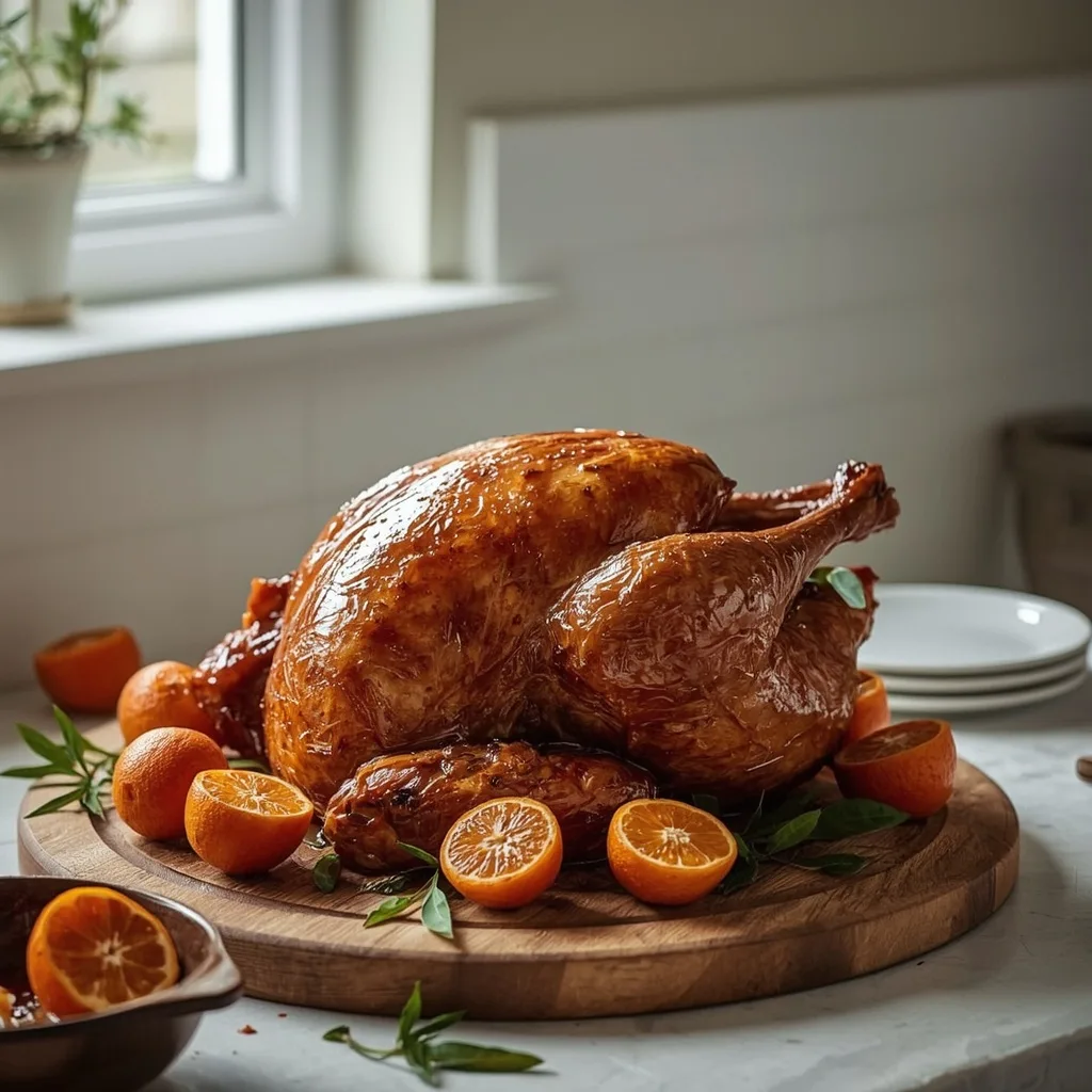 Large clementine and honey glazed turkey crown with roasted clementines