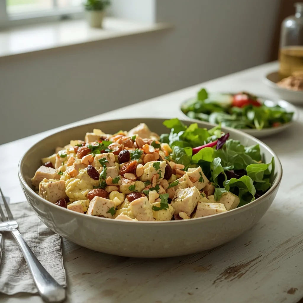 Coronation turkey with sultanas and almonds in a serving bowl