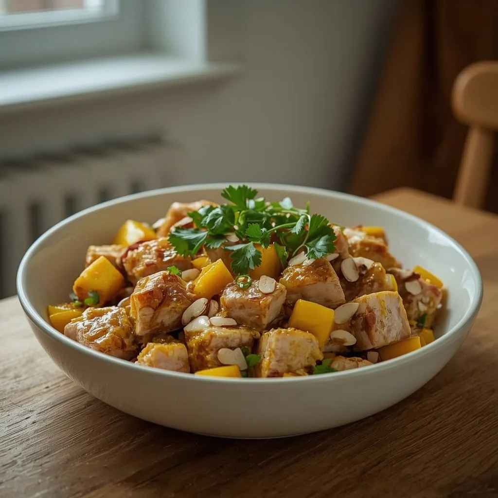 Coronation turkey with mango and almonds in a big bowl