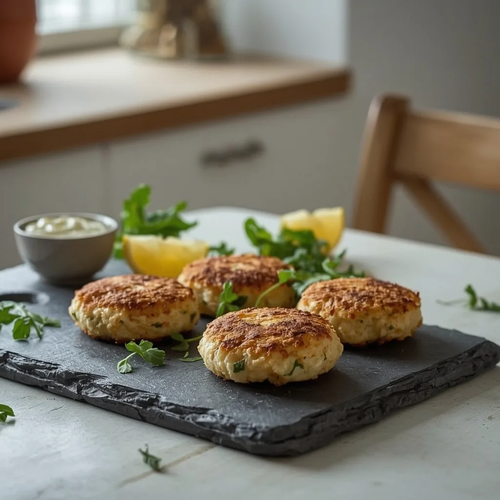 Golden crab cakes with lemon mayonnaise and rocket