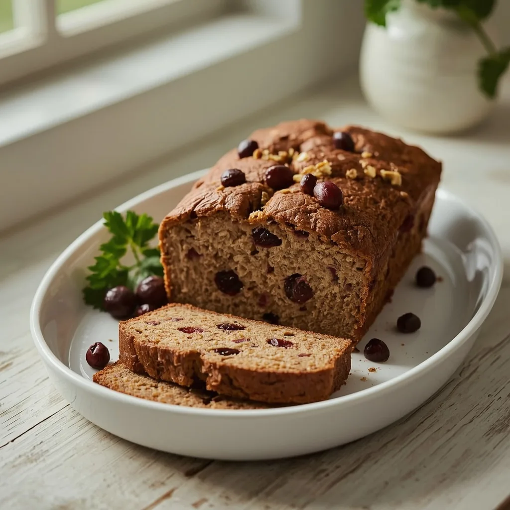 Sliced cranberry and chestnut nut roast on a serving dish