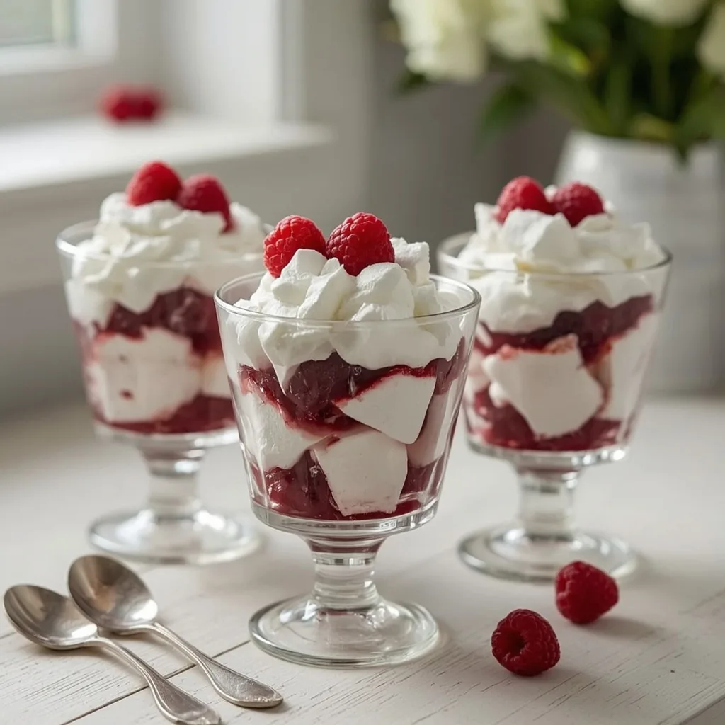 Cranberry Eton mess in glass tumblers with meringue and raspberries