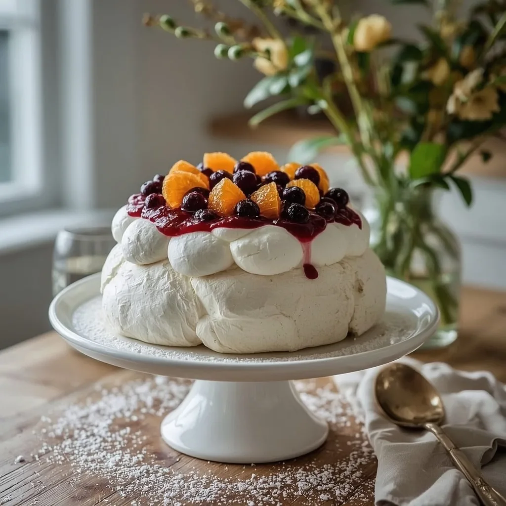 Cranberry and orange pavlova topped with cream and cranberry compote