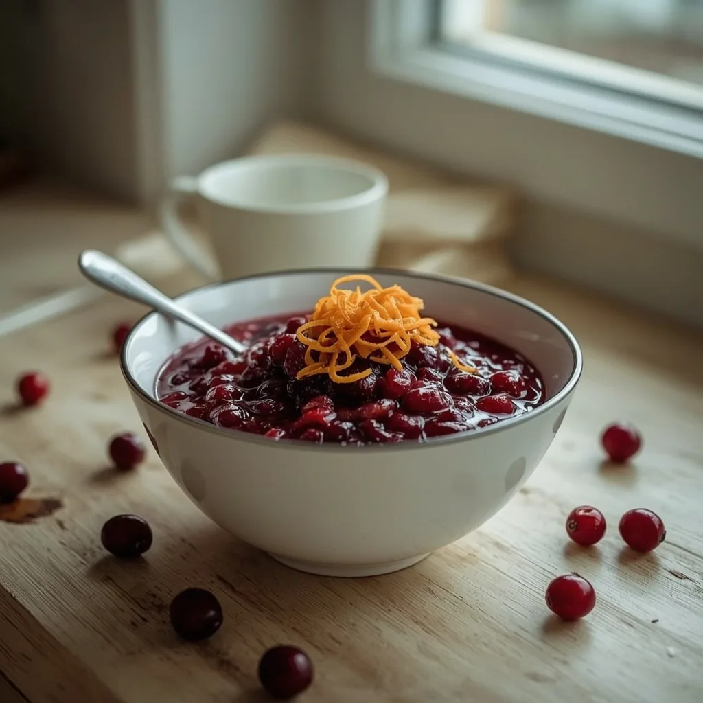 Chunky cranberry and orange sauce in a ceramic bowl