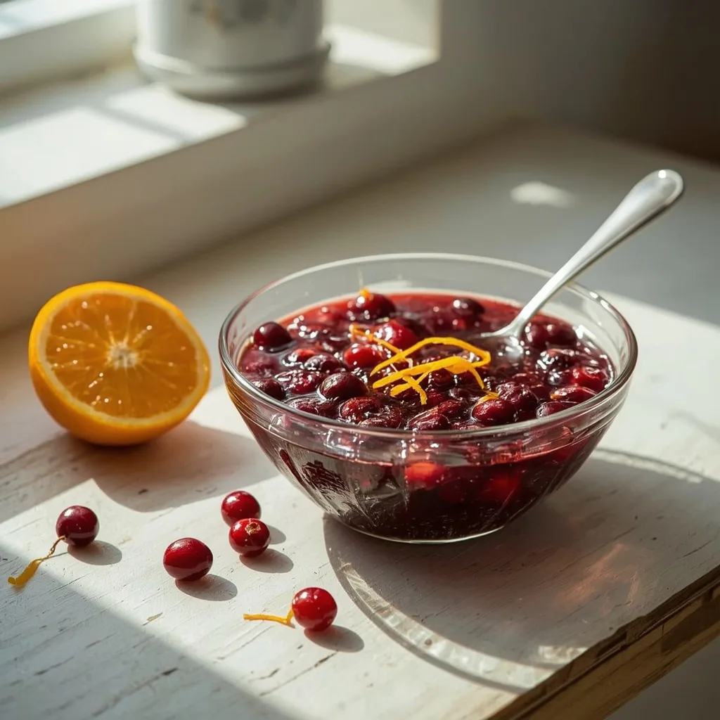 Cranberry and orange sauce in a glass bowl with orange zest