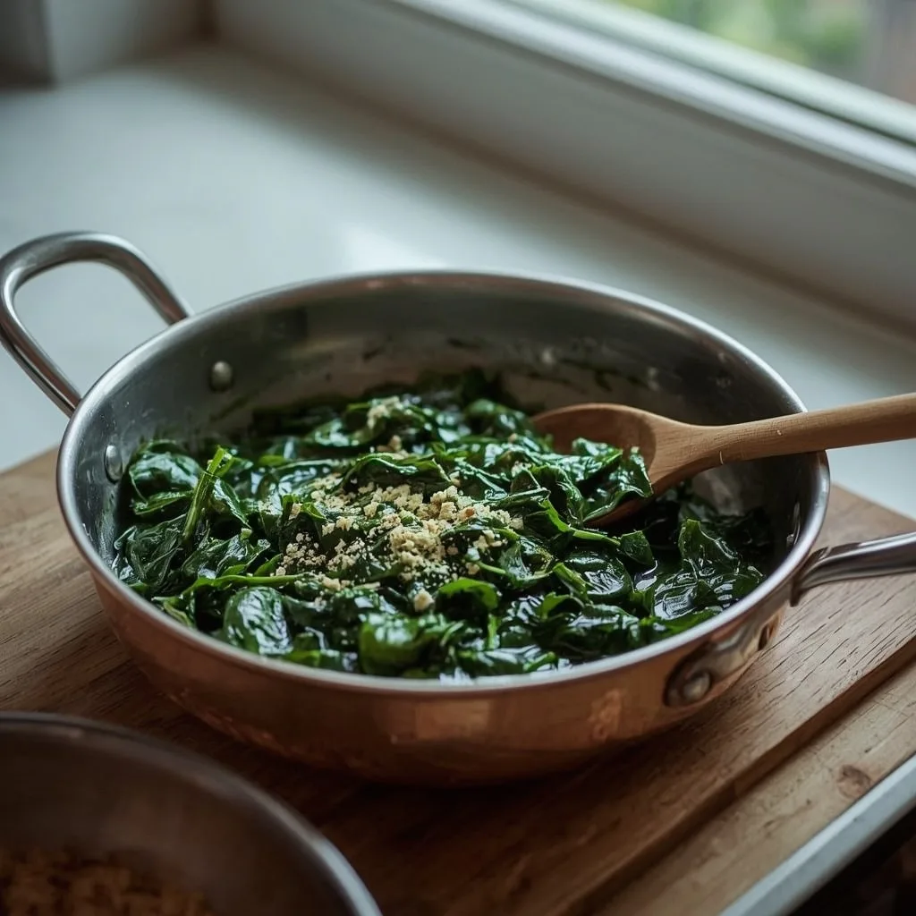 Creamed spinach with nutmeg in a small copper pan