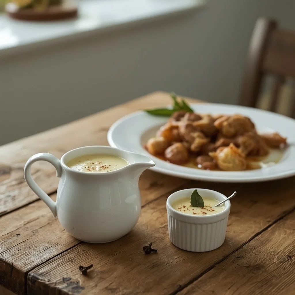 Creamy bread sauce in a small white jug dusted with nutmeg