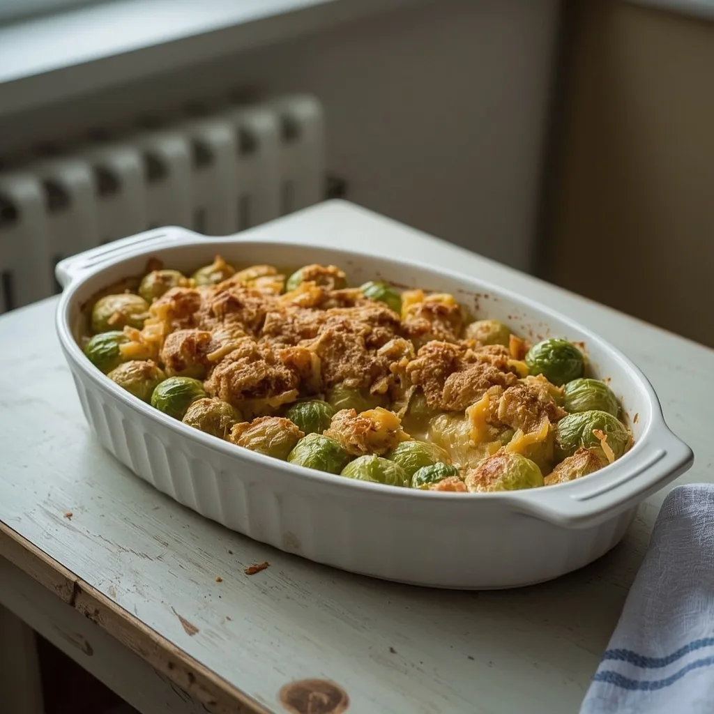 Creamy Brussels sprouts gratin with a golden Cheddar crumb