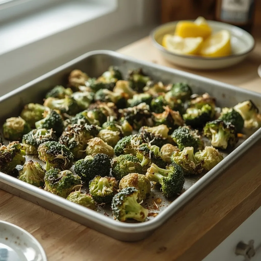 Crispy roasted broccoli with a golden cheese crust and lemon