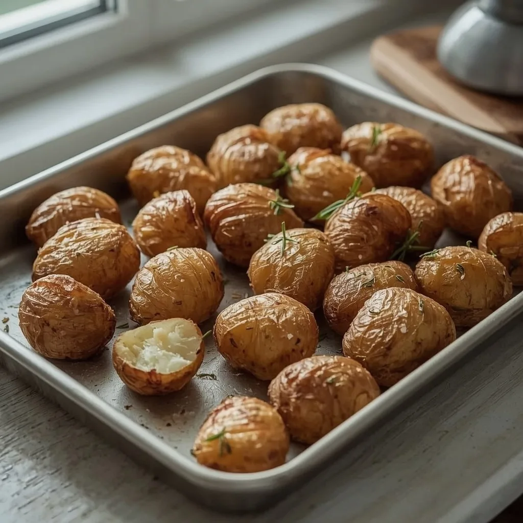 Crispy golden roast potatoes with rosemary and sea salt in a roasting tray