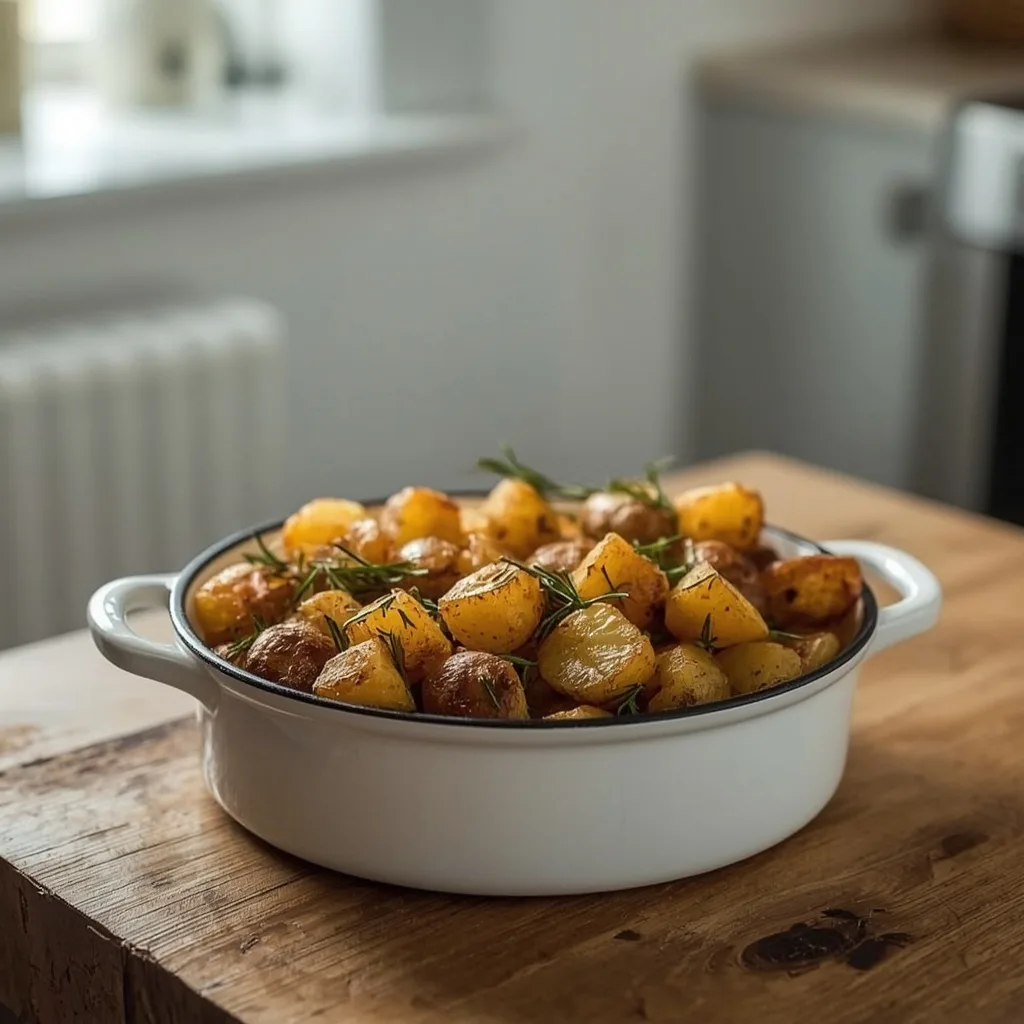 Crispy roast potatoes for two in a small enamel dish
