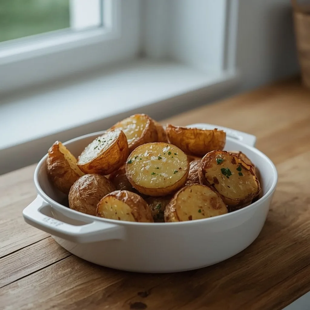 Crispy golden roast potatoes in a white serving dish