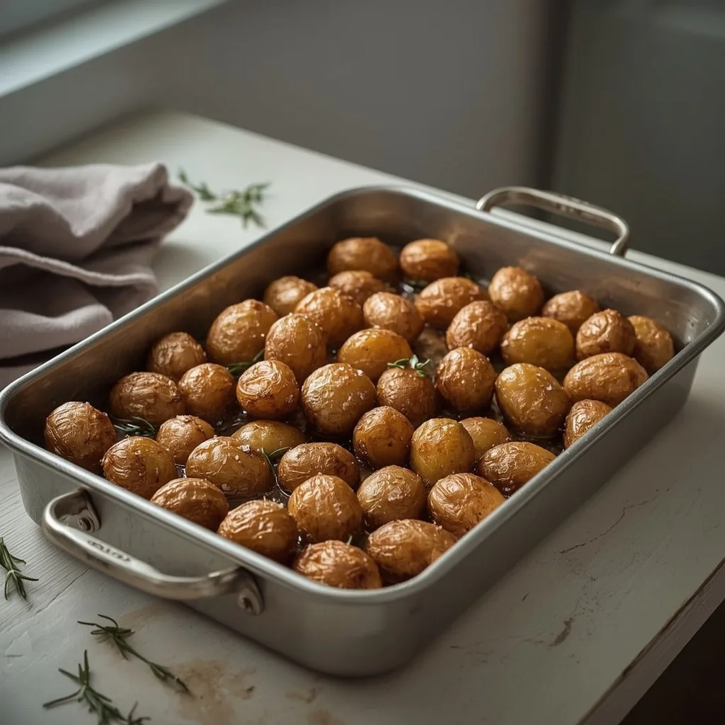 Tray of crispy golden roast potatoes with sea salt and rosemary