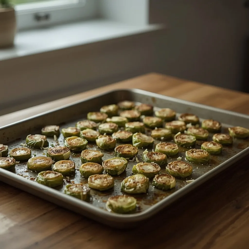 Crispy smashed Brussels sprouts with cheese on a baking tray
