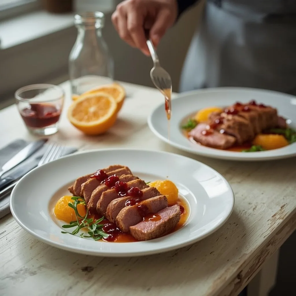 Sliced duck breasts with orange and redcurrant sauce on white plates