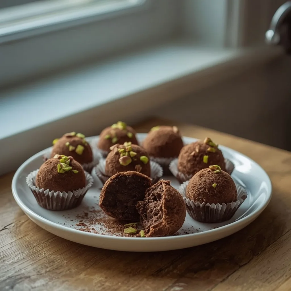 Easy chocolate truffles rolled in cocoa and pistachios