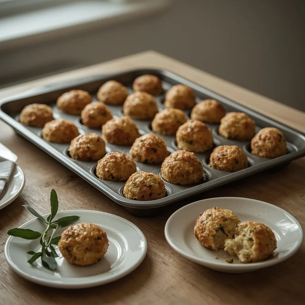 Easy golden stuffing balls on a baking tray with sage