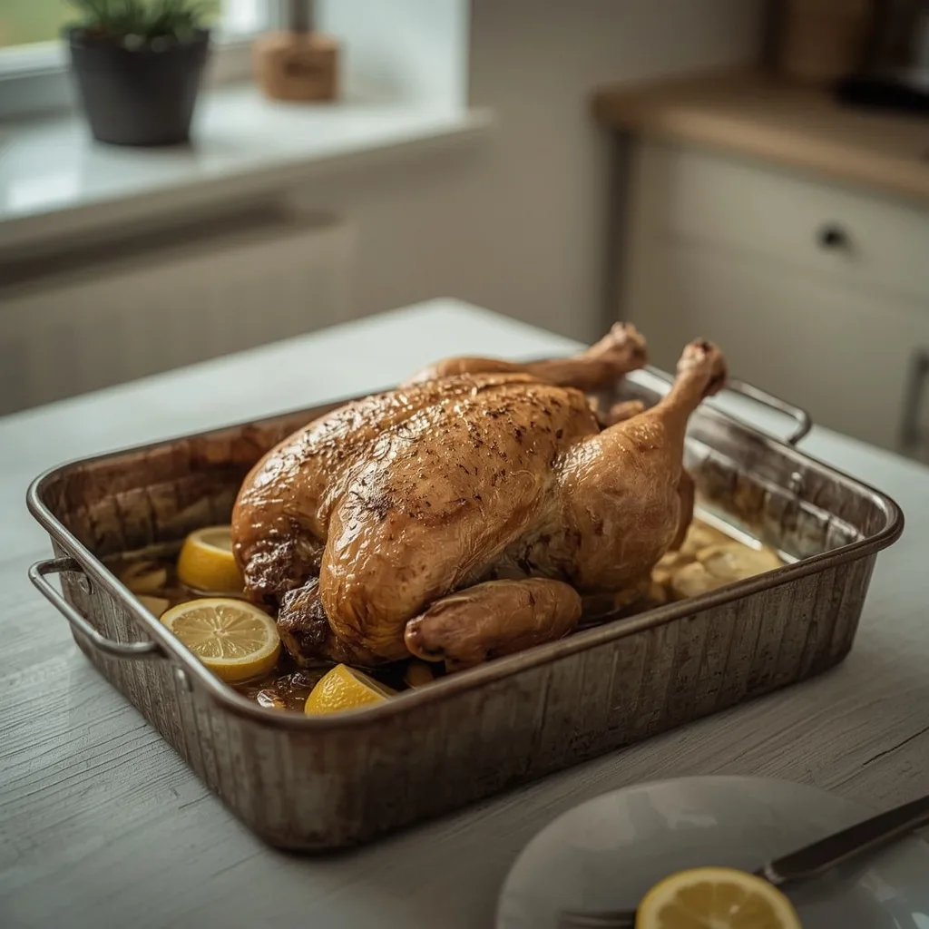 Easy roast chicken with lemon and garlic in a roasting tin