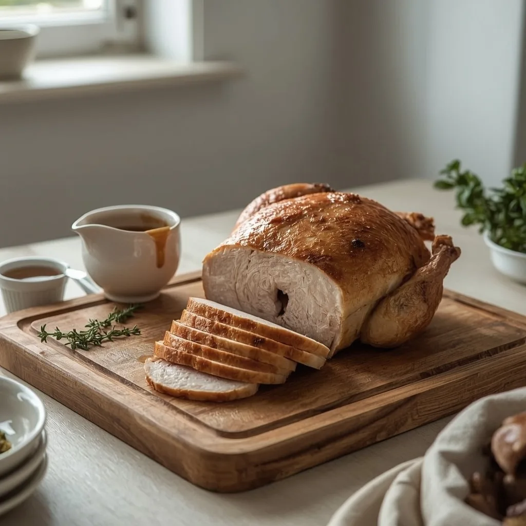 Easy roast turkey breast joint sliced on a wooden board