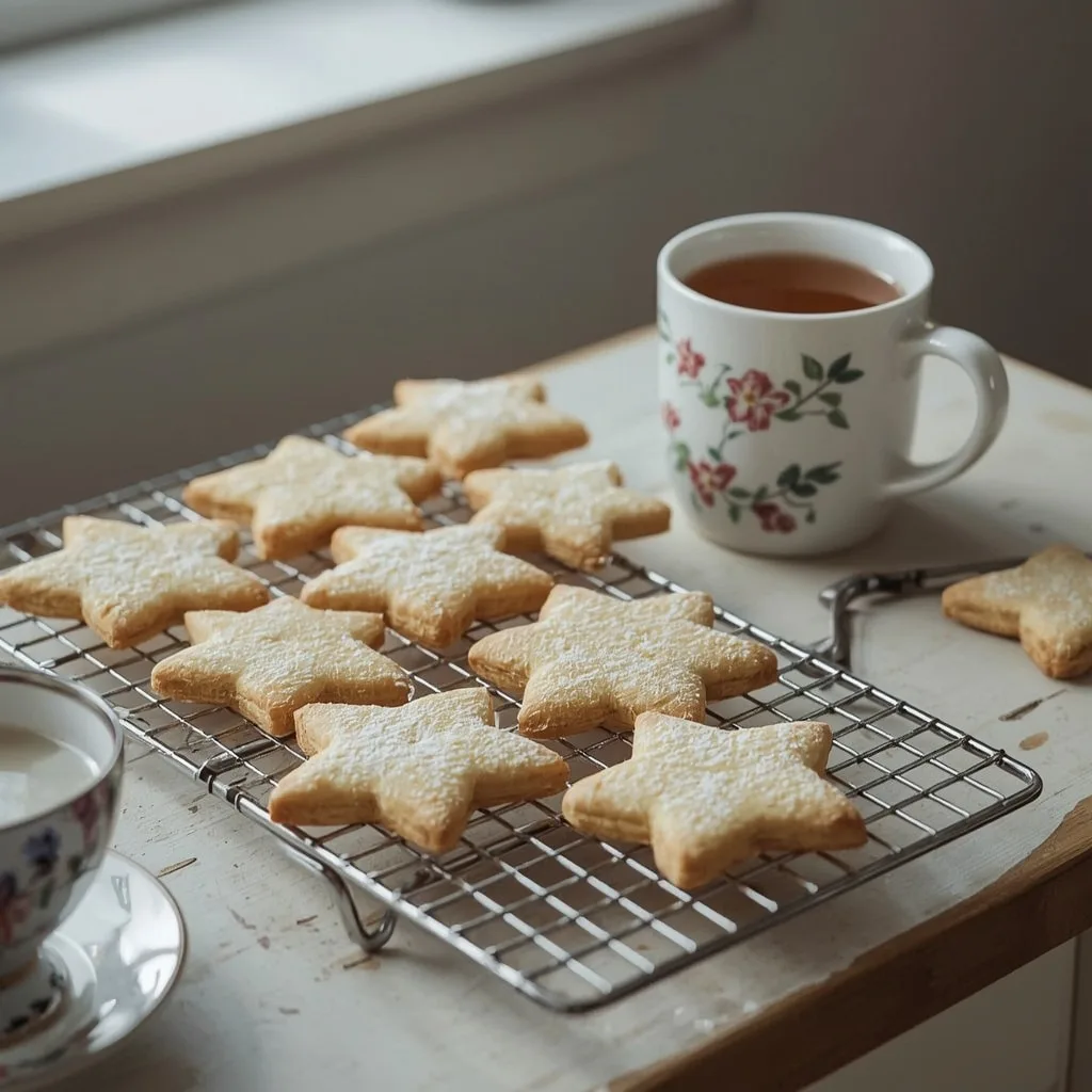 Star-shaped shortbread biscuits on a wire cooling rack