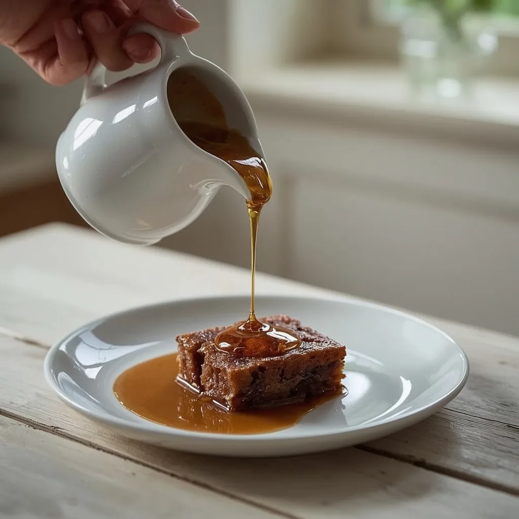 Glossy toffee sauce drizzled over a date pudding