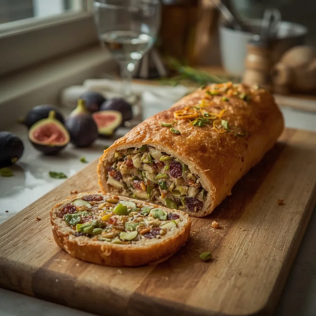 Fig, orange and pistachio stuffing log sliced into rounds