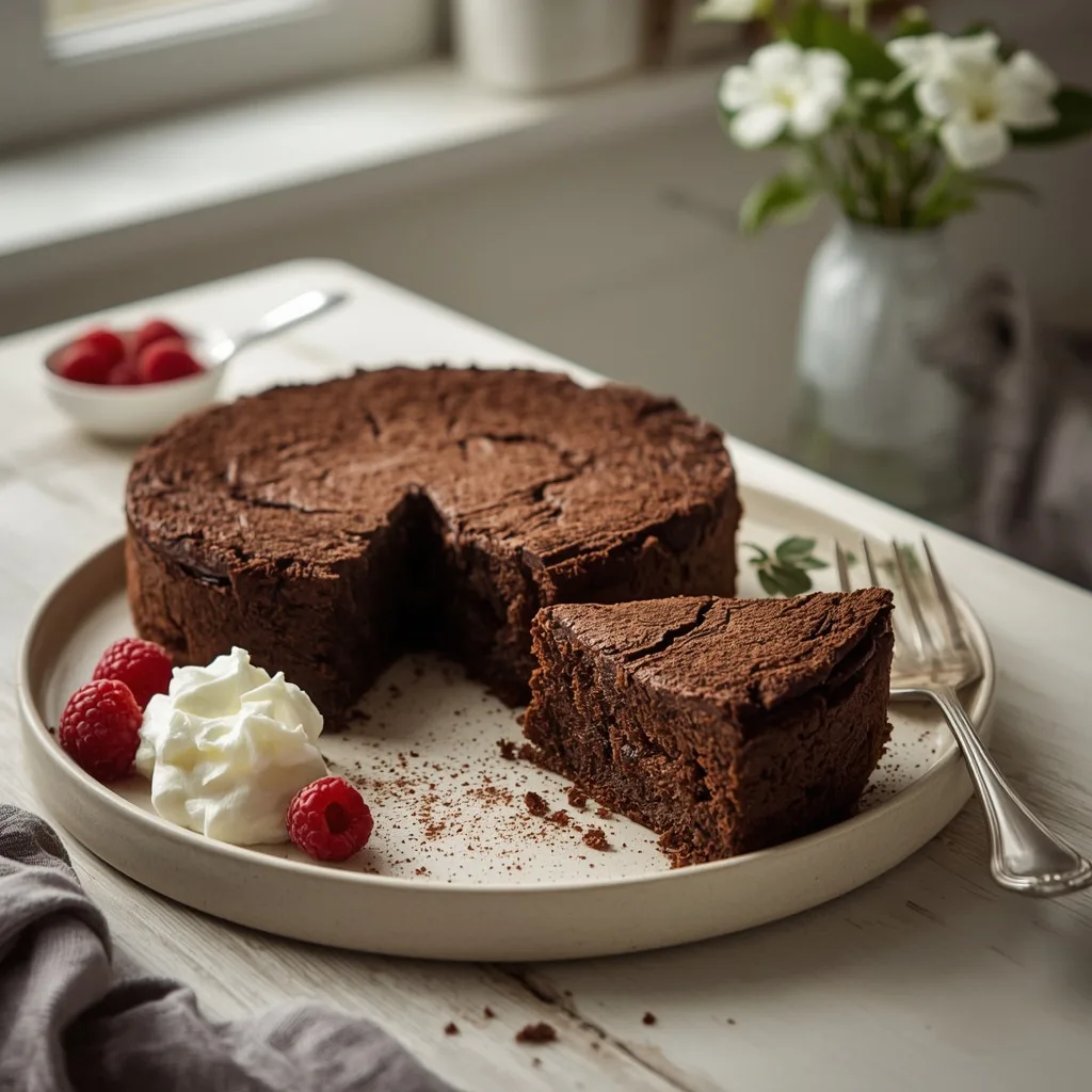 Flourless chocolate torte with crème fraîche and raspberries