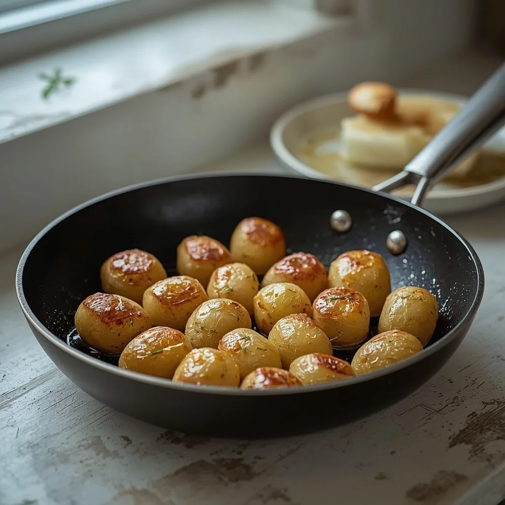 Fondant potatoes with caramelised tops in a pan with thyme