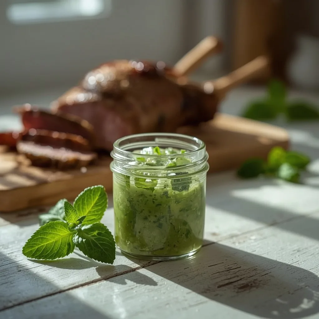 Fresh mint sauce in a small glass jar with mint leaves