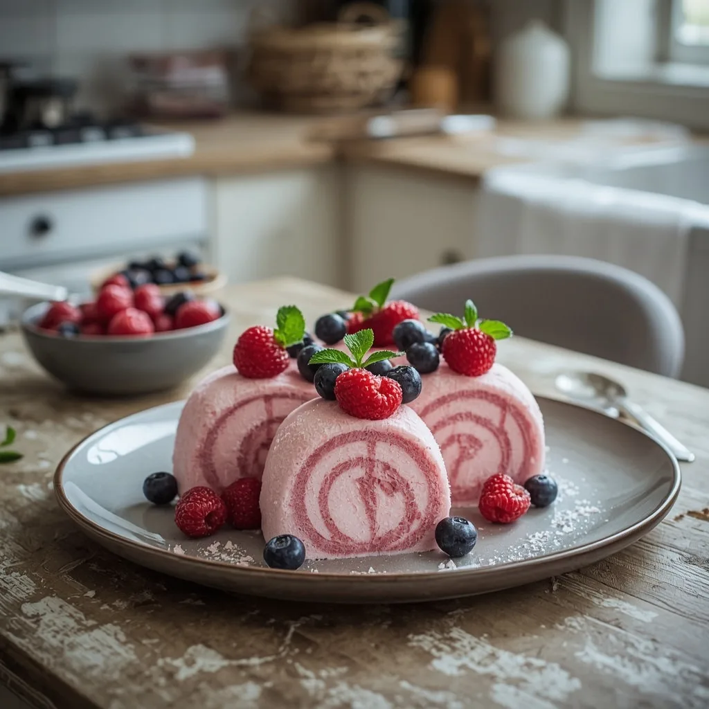 Frozen berry semifreddo slices with fresh berries