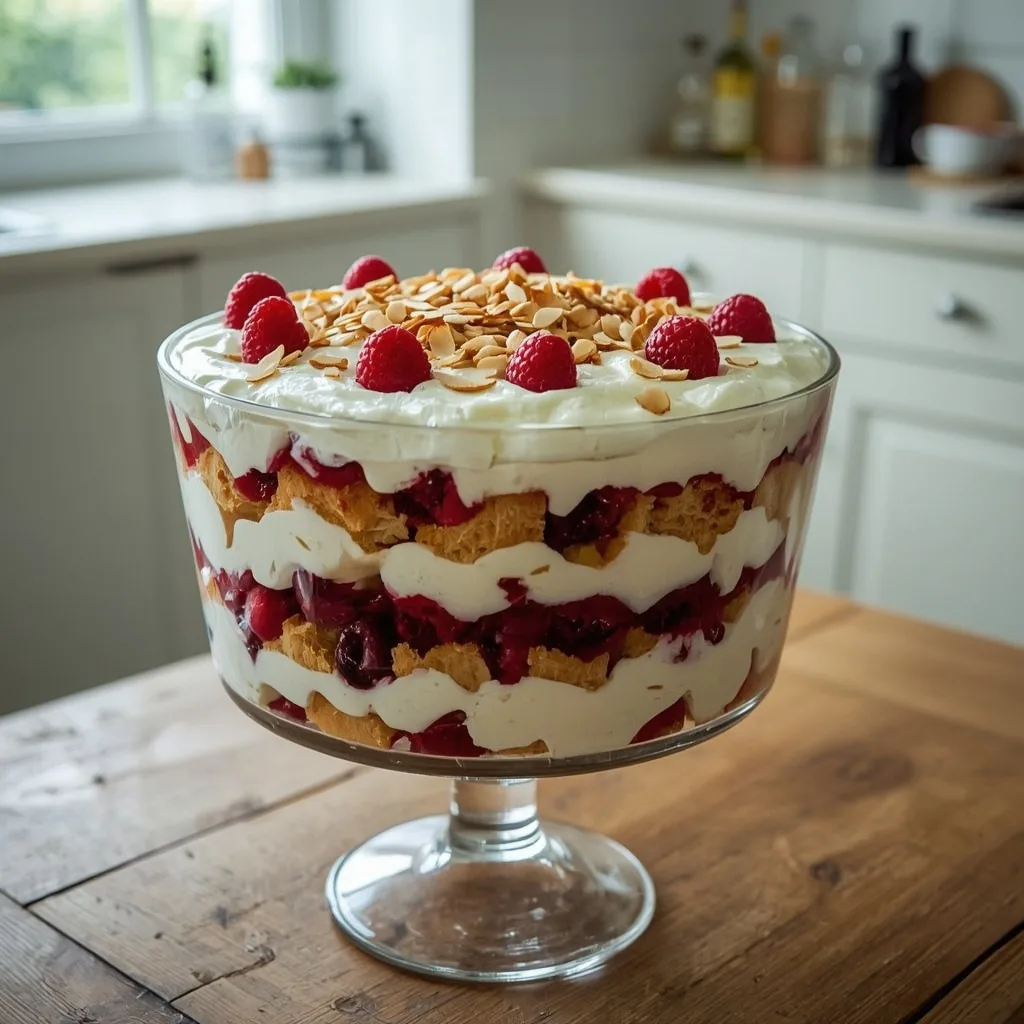 Giant berry trifle in a large glass bowl with custard and cream