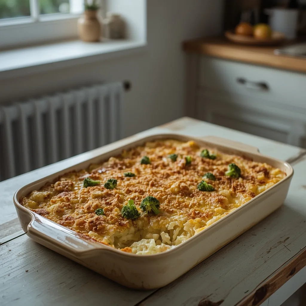 Large dish of cauliflower and broccoli cheese with a golden crust