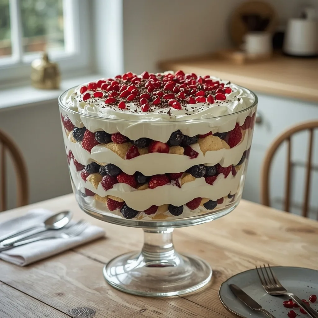 Giant Christmas trifle with berries, custard and cream