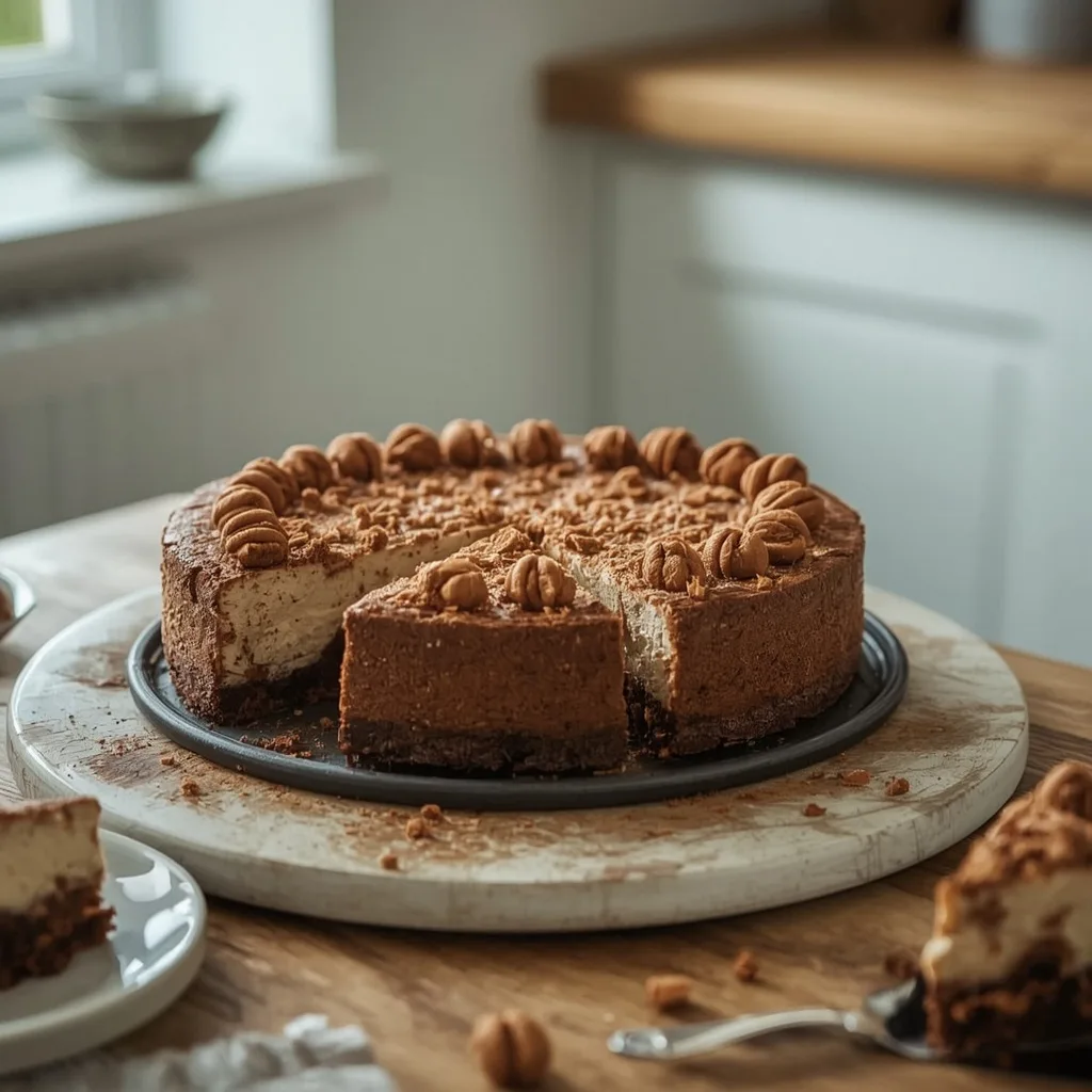 Baked gingerbread cheesecake with a slice removed