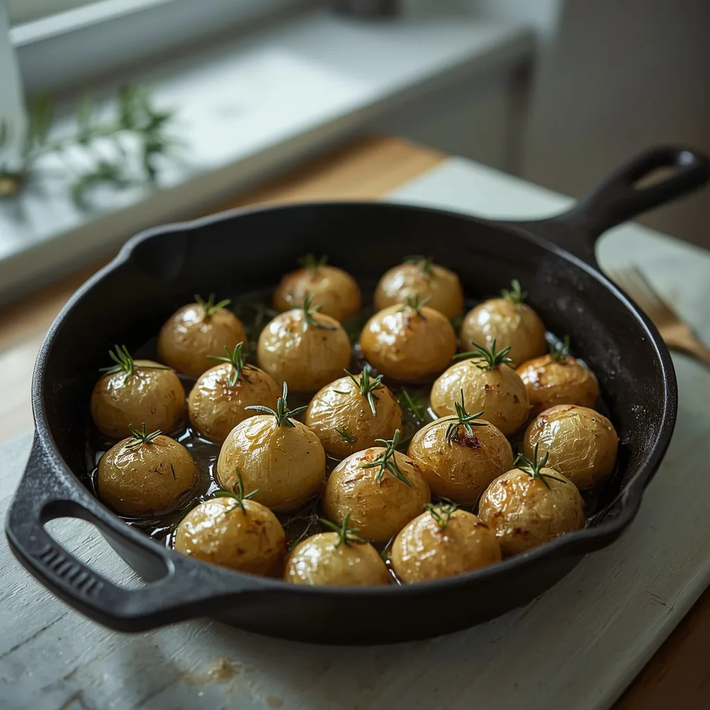 Goose fat roast potatoes with garlic cloves and rosemary in a cast iron pan