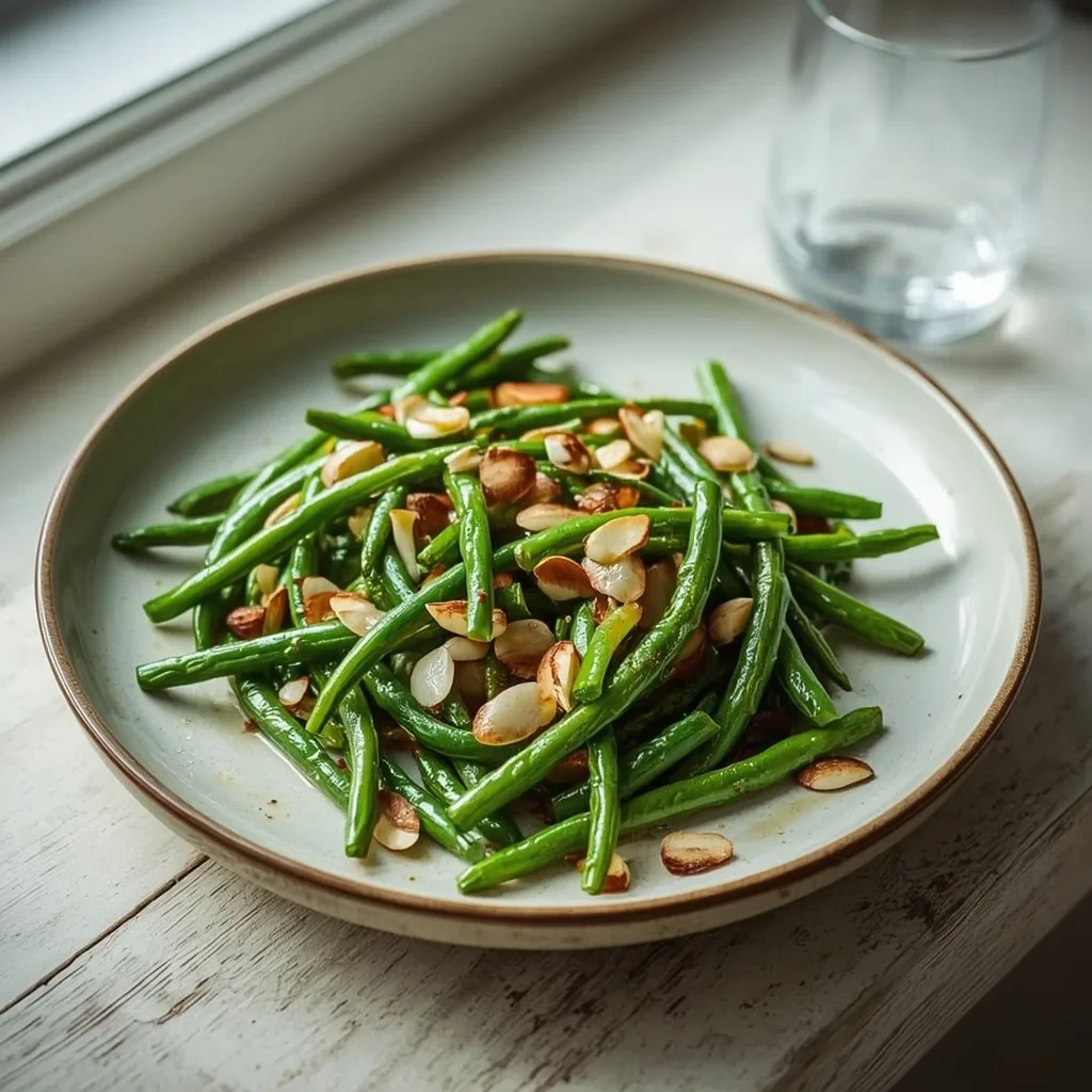 Green beans with shallots and toasted almonds on a serving plate