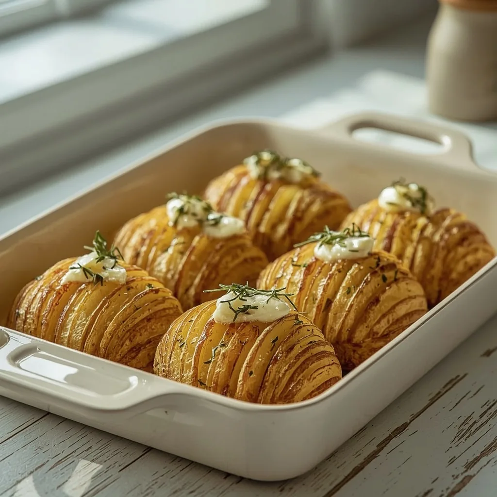 Hasselback potatoes with garlic butter in a roasting dish
